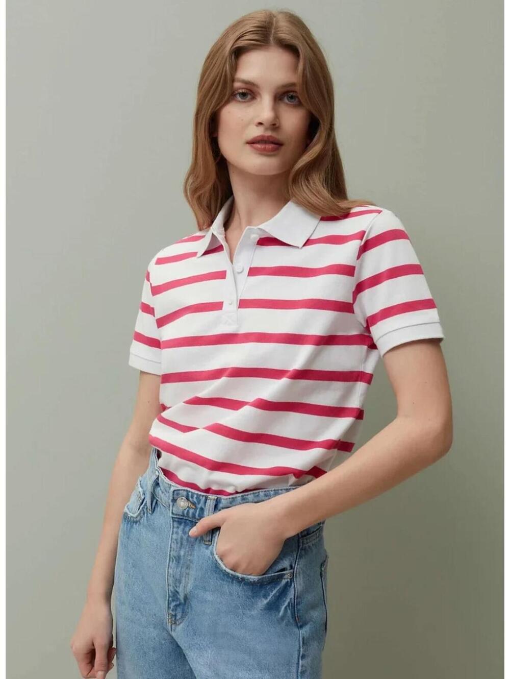 NWT Piombo Women's Pink White Striped Piqué Polo Shirt US Size Small - Picture 9 of 9